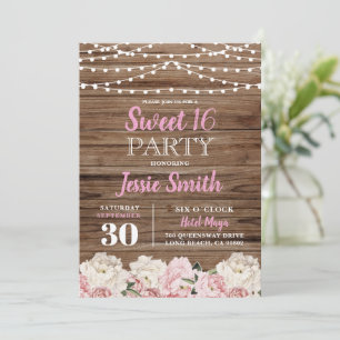 Rustic Floral Lights Birthday Party Rose Sweet 16 Invitation