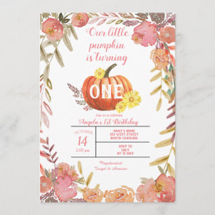 Rustic Floral Little Pumpkin Fall 1st Birthday Invitation