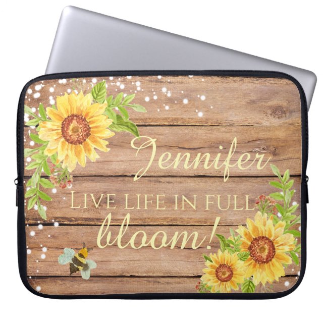 Rustic Floral Live Life In Full Bloom Personalised Laptop Sleeve (Front)