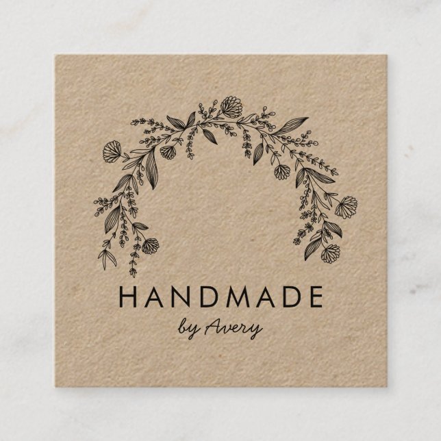 Rustic Floral Logo Kraft  Square Business Card (Front)