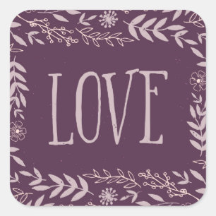 Rustic Floral Love   Purple   Square Sticker