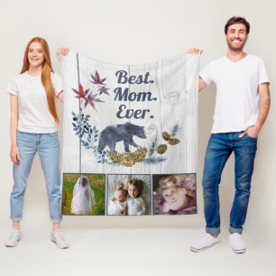 Rustic Floral Mama Bear Mothers Day Three Photo Fleece Blanket