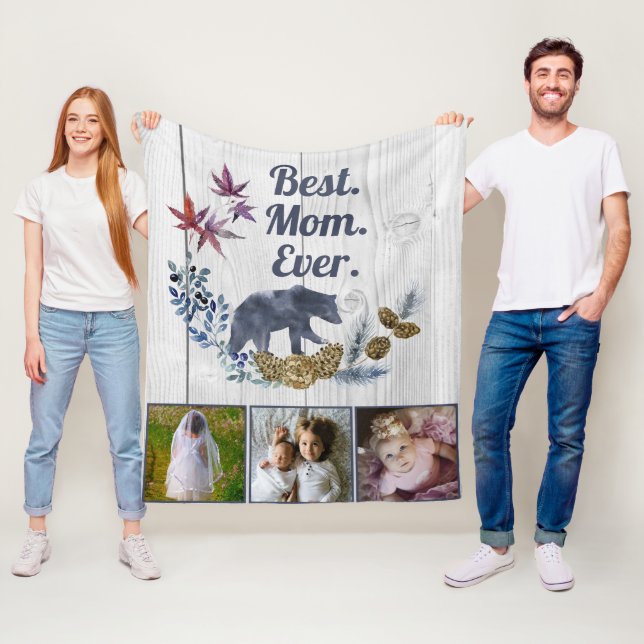 Rustic Floral Mama Bear Mothers Day Three Photo Fleece Blanket (In Situ)