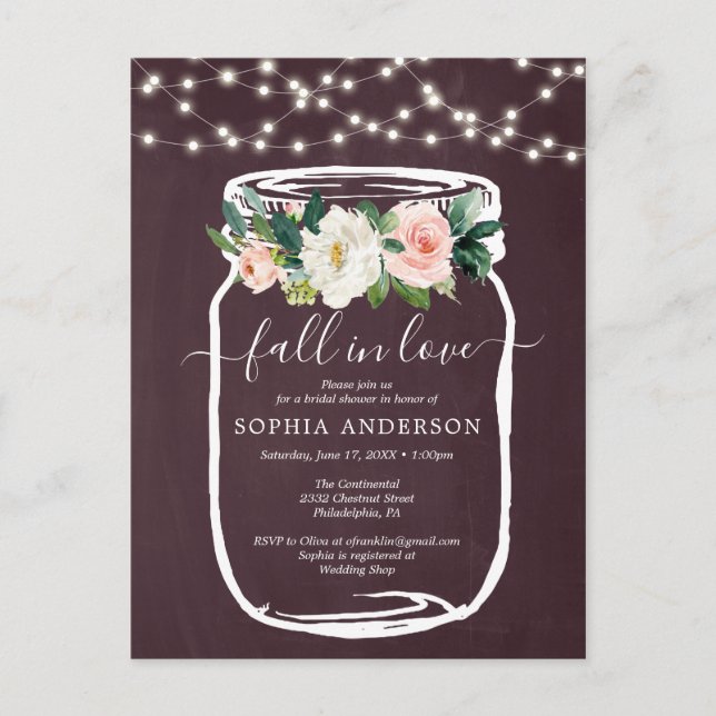 Rustic Floral Mason Jar Bridal Shower Invite Postcard (Front)
