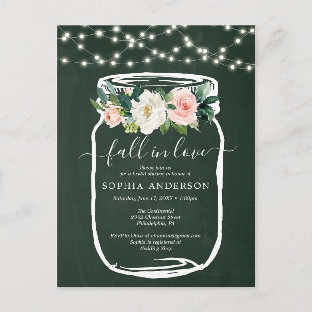 Rustic Floral Mason Jar Bridal Shower Invite Postcard (Front)