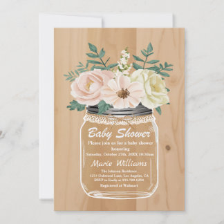 Rustic Floral Mason Jar | Burlap Lace Baby Shower Invitation