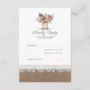 Rustic Floral Mason Jar Burlap Wedding RSVP Card