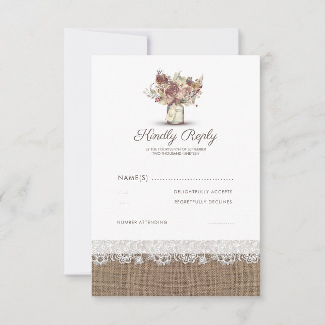 Rustic Floral Mason Jar | Burlap Wedding RSVP Card (Front)