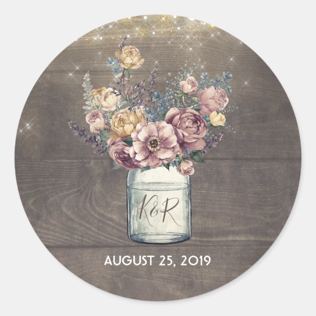 Rustic Floral Mason Jar Gold and Mauve Wedding Classic Round Sticker (Front)