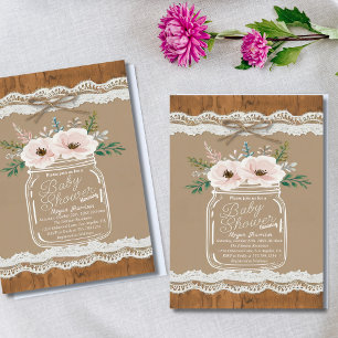 Rustic Floral Mason Jar Lace & Twine Baby Shower Invitation
