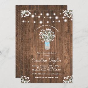 Rustic Floral Mason Jar Lights Baby Boy Shower Invitation
