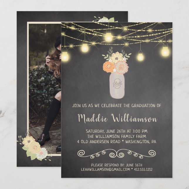 Rustic Floral Mason Jar Lights Graduation Party Invitation (Front/Back)