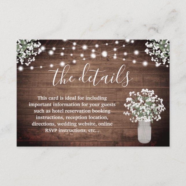 Rustic Floral Mason Jar Lights Wedding Details Enclosure Card (Front)