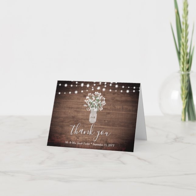 Rustic Floral Mason Jar Lights Wedding Thank You (Front)