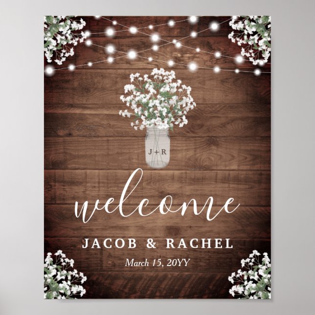 Rustic Floral Mason Jar Lights Welcome Wedding Poster (Front)