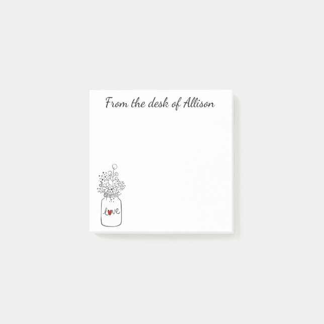 Rustic Floral Mason Jar Red Heart Love Flowers Post-it Notes (Front)