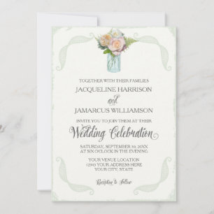 Rustic Floral Mason Jar Roses Script Typography Invitation