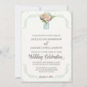 Rustic Floral Mason Jar Roses Script Typography Invitation