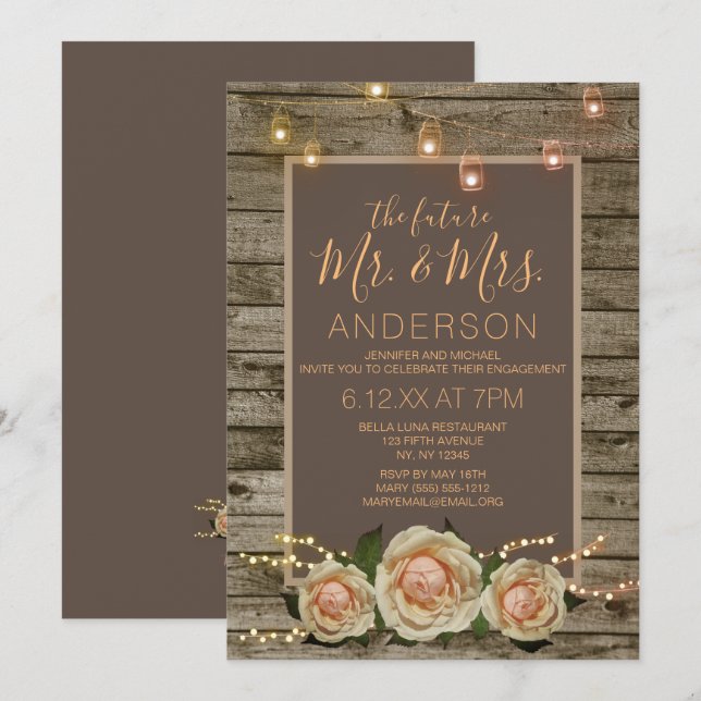 Rustic Floral Mason Jar String Light Engagement Invitation (Front/Back)