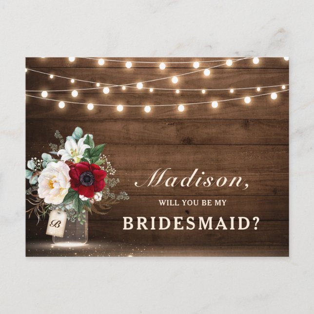 Rustic Floral Mason Jar Will you be my Bridesmaid Postcard (Front)