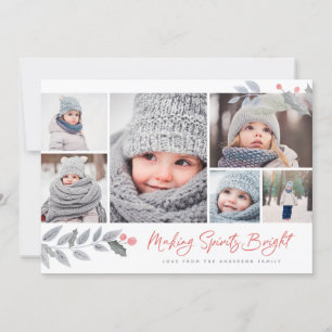 Rustic Floral Merry Bright Multi-Photo Collage Holiday Card