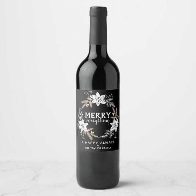 Rustic Floral Merry Everything Christmas Wine Label (Front)