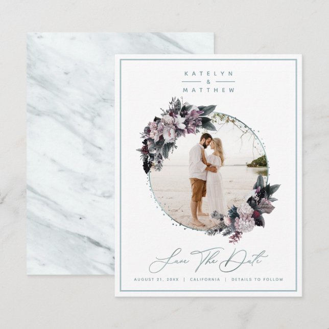 Rustic Floral Mint Framed Photo & Calligraphy Save The Date (Front/Back)