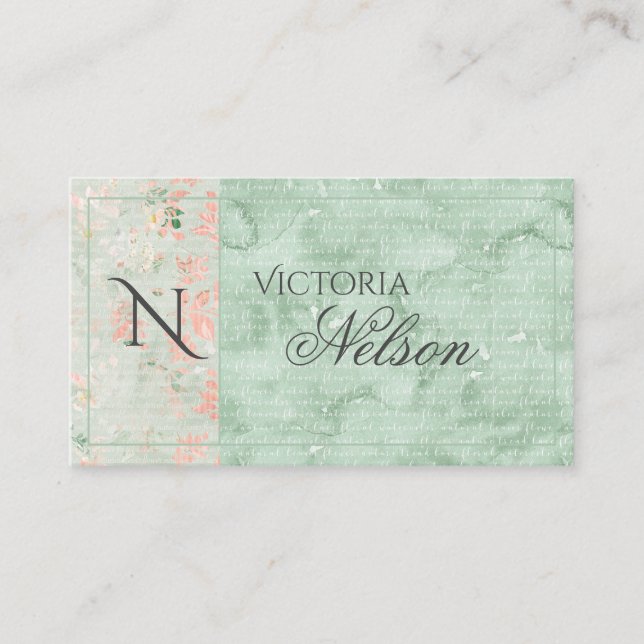 Rustic Floral Monogram Calligraphy Paper Business Card (Front)