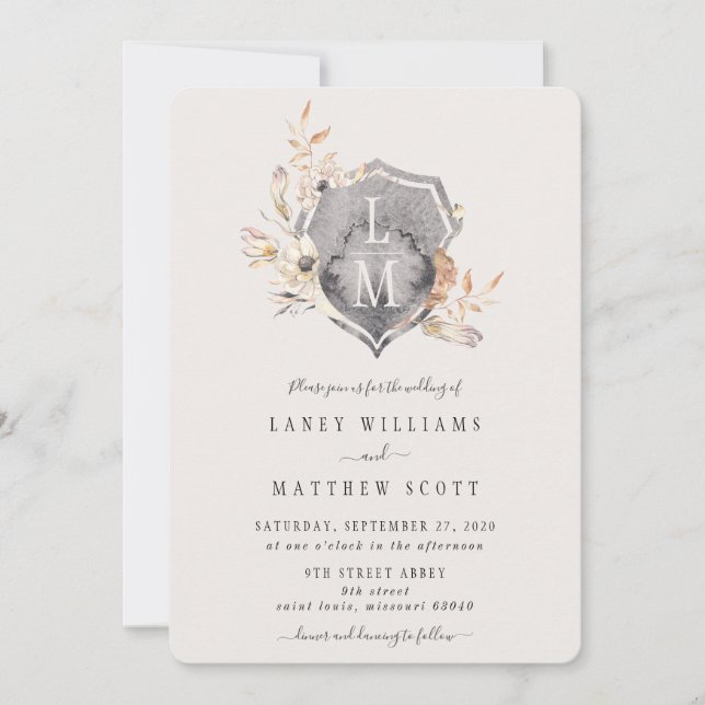 Rustic Floral Monogram Crest Wedding Invitation (Front)