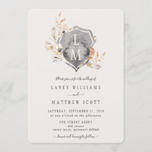 Rustic Floral Monogram Crest Wedding Invitation