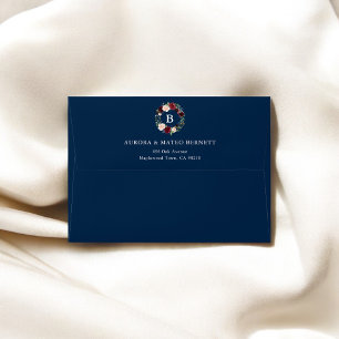Rustic Floral Monogram Navy Blue Wedding Envelope