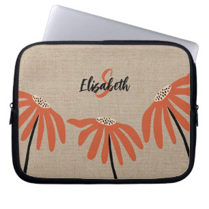 Rustic Floral Monogrammed Name Orange Black Tan Laptop Sleeve