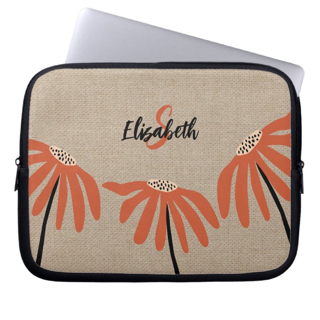 Rustic Floral Monogrammed Name Orange Black Tan Laptop Sleeve (Front)
