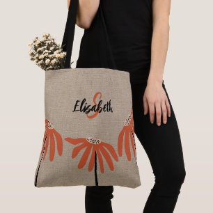 Rustic Floral Monogrammed Name Orange Black Tan Tote Bag