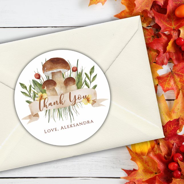 Rustic Floral Mushrooms Fall Baby Shower Thank You Classic Round Sticker (Creator Uploaded)