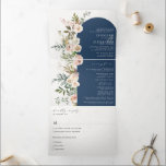 Rustic Floral Navy All in One Wedding Tri-Fold<br><div class="desc">An elegant design with a rustic chic touch, featuring branches, greenery, eucalyptus, and flowers in fall tones including some blush surrounding the invitation information over a navy blue background. This all-in-one sustainable invitation would save you money, no need to include RSVP envelopes, your guests will cut the last panel and...</div>