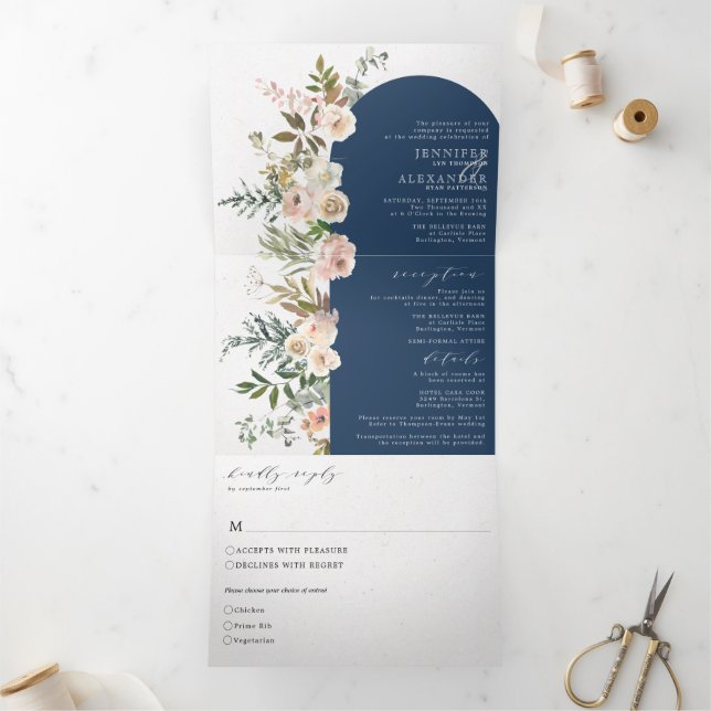 Rustic Floral Navy All in One Wedding Tri-Fold Invitation (Inside)