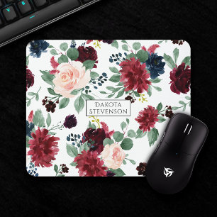Rustic Floral Navy and Burgundy Marsala Pattern Mouse Mat
