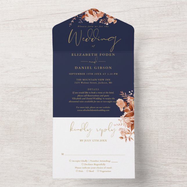 Rustic Floral Navy And Gold Details RSVP Wedding All In One Invitation (Inside)