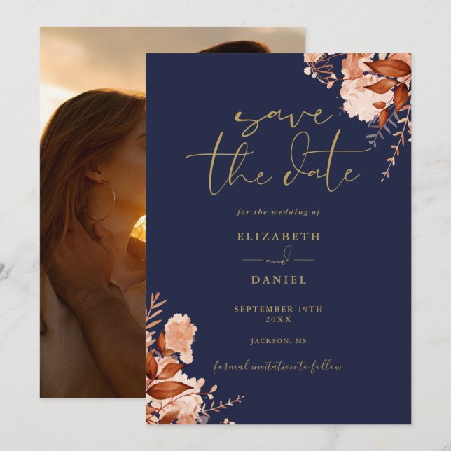 Rustic Floral Navy Blue And Gold Photo Wedding Save The Date (Front/Back)