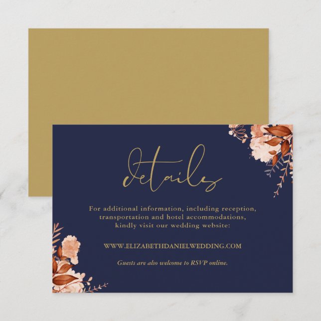 Rustic Floral Navy Blue And Gold Wedding Details Enclosure Card (Front/Back)