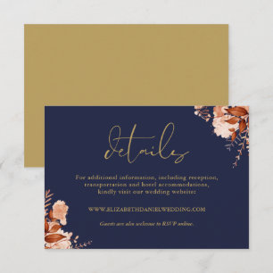 Rustic Floral Navy Blue And Gold Wedding Details Enclosure Card