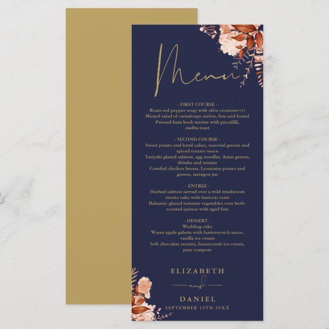 Rustic Floral Navy Blue And Gold Wedding Dinner Menu (Front/Back)