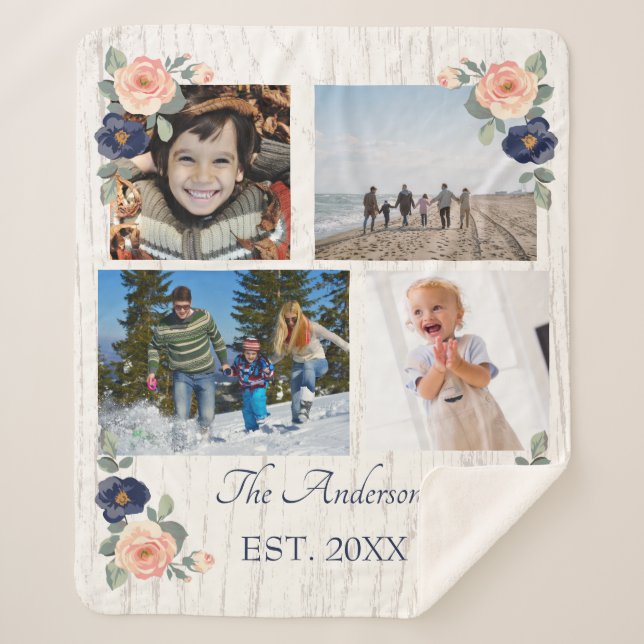 Rustic Floral Navy Blue and Peach Photo Collage Sherpa Blanket (Front)