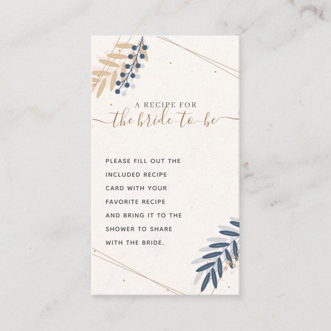 Rustic Floral Navy Blue Gold Bridal Shower Recipe Enclosure Card (Front)