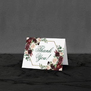 Rustic Floral   Navy Burgundy Gold Geometric Frame Thank You Card