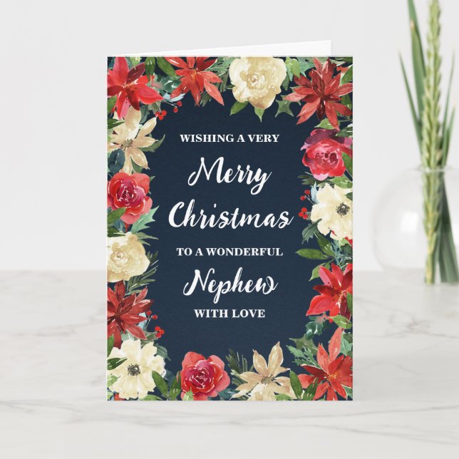 Rustic Floral Nephew Merry Christmas Card (Front)