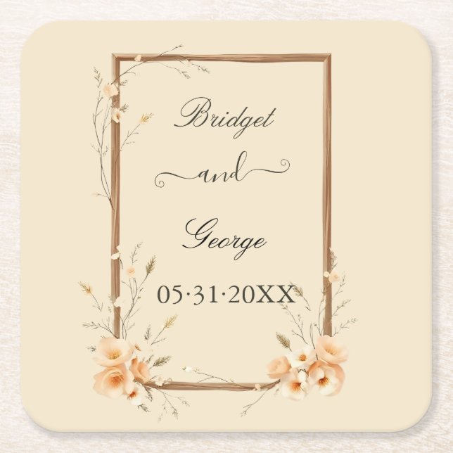 Rustic Floral Neutral Wedding  Square Paper Coaster (Front)