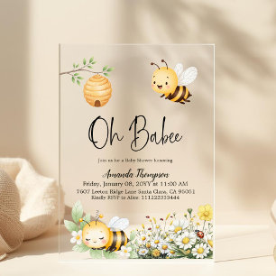Rustic Floral Oh Babee Honey Bee Baby Shower Acrylic Invitations