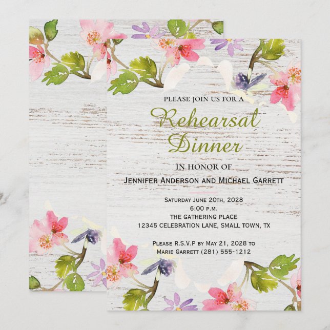 Rustic Floral on White Wood Rehearsal Dinner Invitation (Front/Back)